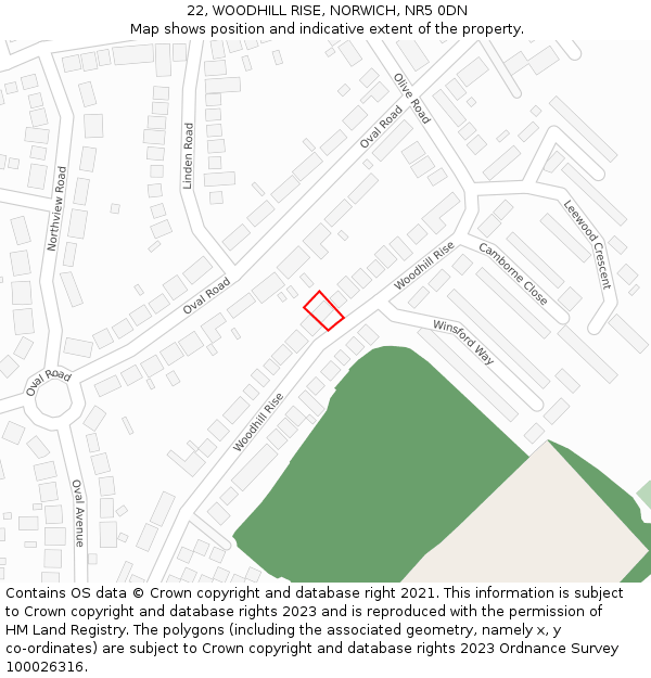 22, WOODHILL RISE, NORWICH, NR5 0DN: Location map and indicative extent of plot