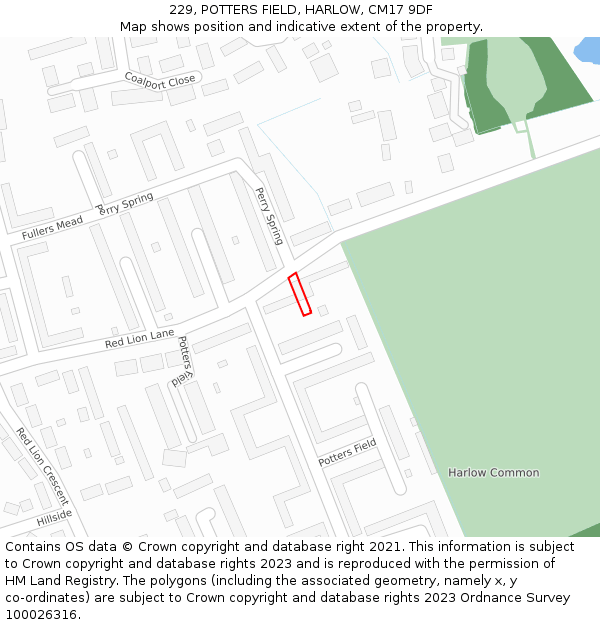 229, POTTERS FIELD, HARLOW, CM17 9DF: Location map and indicative extent of plot