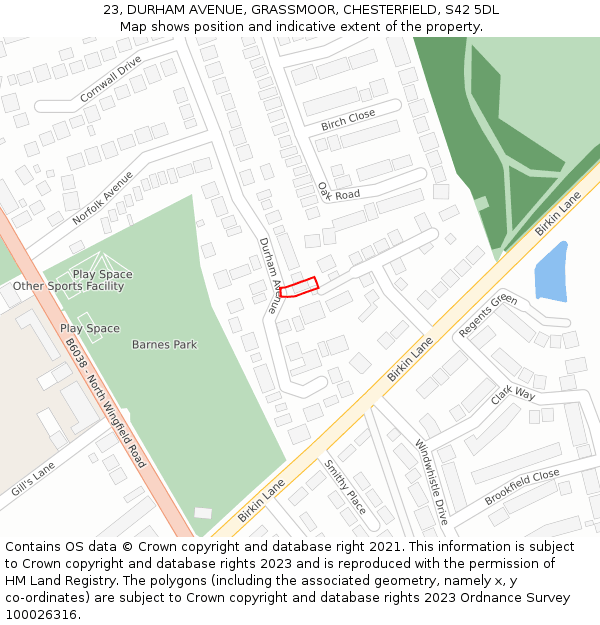 23, DURHAM AVENUE, GRASSMOOR, CHESTERFIELD, S42 5DL: Location map and indicative extent of plot