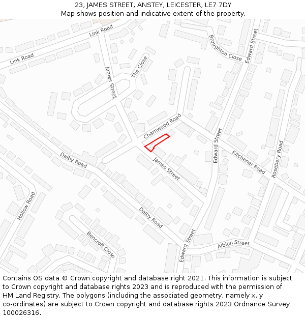 23, JAMES STREET, ANSTEY, LEICESTER, LE7 7DY: Location map and indicative extent of plot