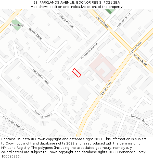 23, PARKLANDS AVENUE, BOGNOR REGIS, PO21 2BA: Location map and indicative extent of plot