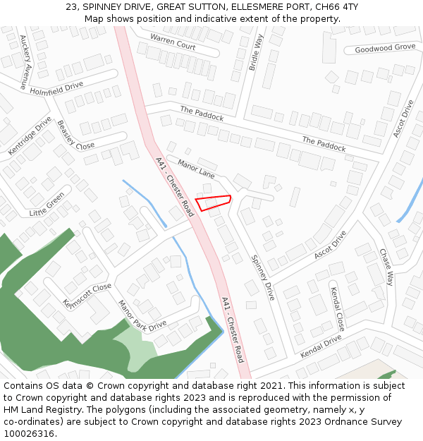 23, SPINNEY DRIVE, GREAT SUTTON, ELLESMERE PORT, CH66 4TY: Location map and indicative extent of plot