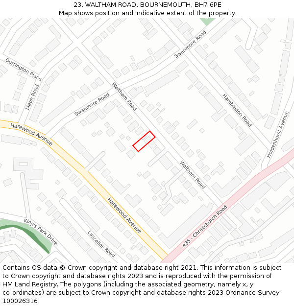 23, WALTHAM ROAD, BOURNEMOUTH, BH7 6PE: Location map and indicative extent of plot