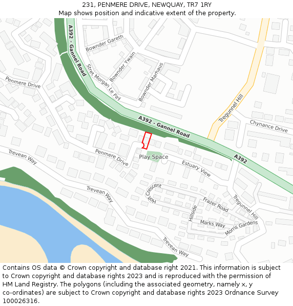 231, PENMERE DRIVE, NEWQUAY, TR7 1RY: Location map and indicative extent of plot