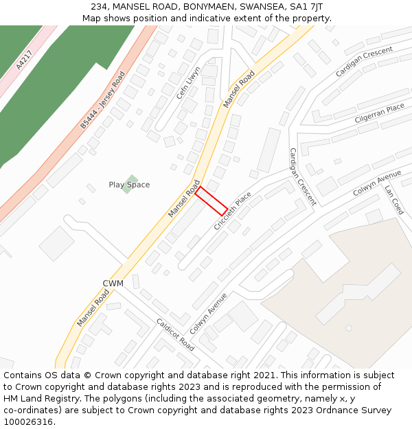 234, MANSEL ROAD, BONYMAEN, SWANSEA, SA1 7JT: Location map and indicative extent of plot