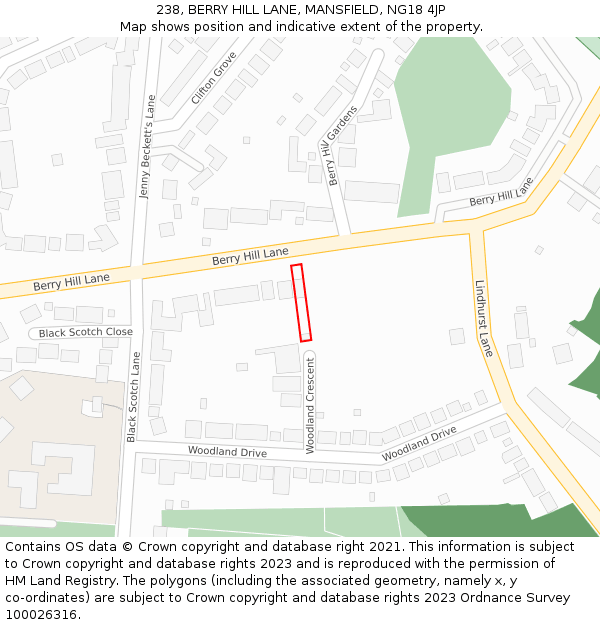 238, BERRY HILL LANE, MANSFIELD, NG18 4JP: Location map and indicative extent of plot