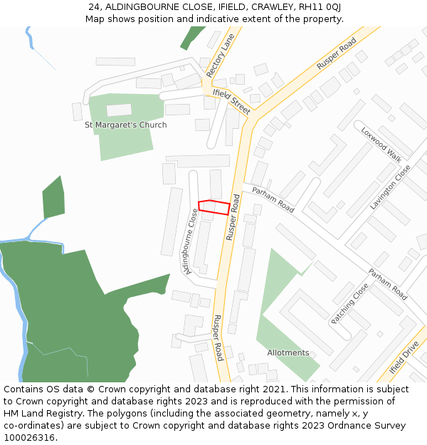 24, ALDINGBOURNE CLOSE, IFIELD, CRAWLEY, RH11 0QJ: Location map and indicative extent of plot