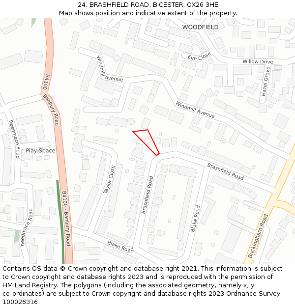 24, BRASHFIELD ROAD, BICESTER, OX26 3HE: Location map and indicative extent of plot