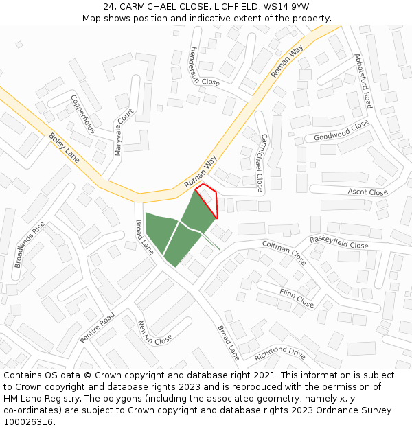 24, CARMICHAEL CLOSE, LICHFIELD, WS14 9YW: Location map and indicative extent of plot