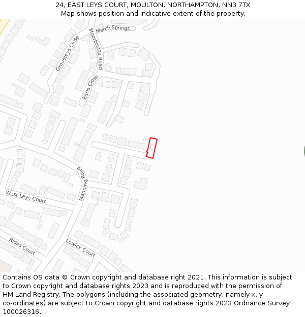 24, EAST LEYS COURT, MOULTON, NORTHAMPTON, NN3 7TX: Location map and indicative extent of plot