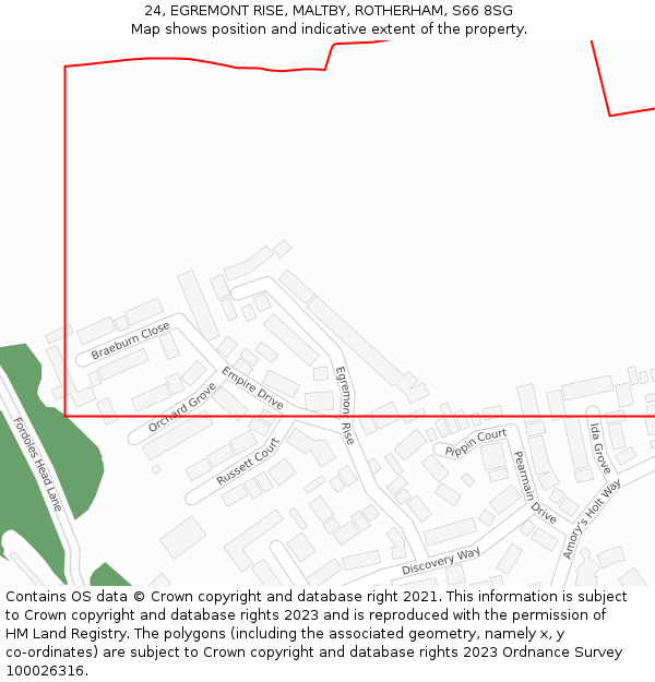 24, EGREMONT RISE, MALTBY, ROTHERHAM, S66 8SG: Location map and indicative extent of plot