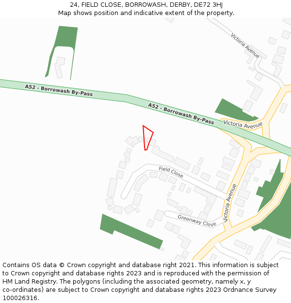 24, FIELD CLOSE, BORROWASH, DERBY, DE72 3HJ: Location map and indicative extent of plot