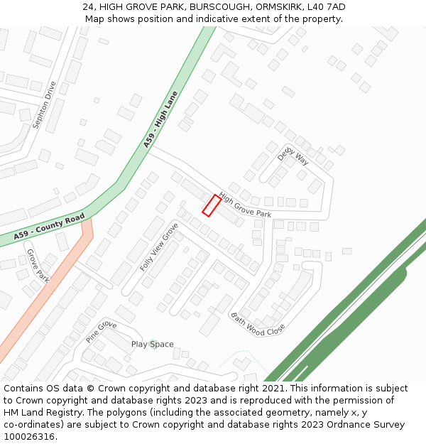 24, HIGH GROVE PARK, BURSCOUGH, ORMSKIRK, L40 7AD: Location map and indicative extent of plot