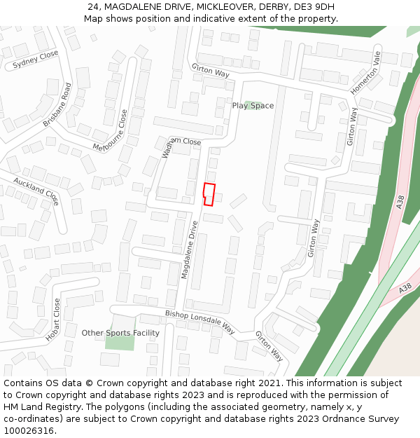 24, MAGDALENE DRIVE, MICKLEOVER, DERBY, DE3 9DH: Location map and indicative extent of plot