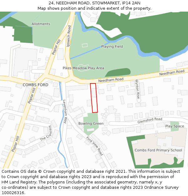 24, NEEDHAM ROAD, STOWMARKET, IP14 2AN: Location map and indicative extent of plot