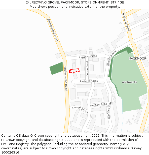 24, REDWING GROVE, PACKMOOR, STOKE-ON-TRENT, ST7 4GE: Location map and indicative extent of plot