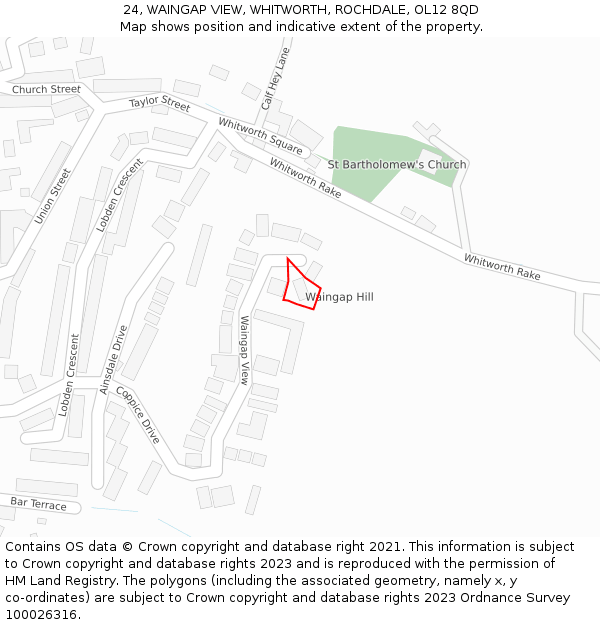 24, WAINGAP VIEW, WHITWORTH, ROCHDALE, OL12 8QD: Location map and indicative extent of plot