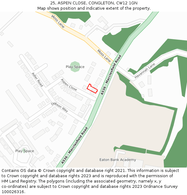 25, ASPEN CLOSE, CONGLETON, CW12 1GN: Location map and indicative extent of plot