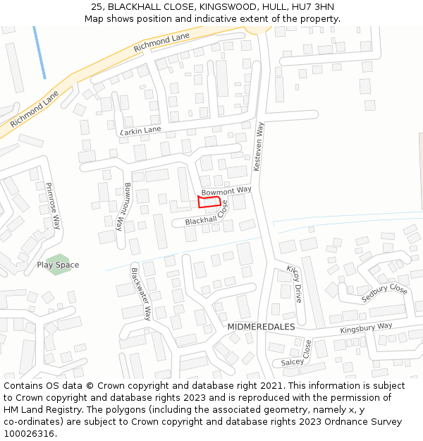 25, BLACKHALL CLOSE, KINGSWOOD, HULL, HU7 3HN: Location map and indicative extent of plot