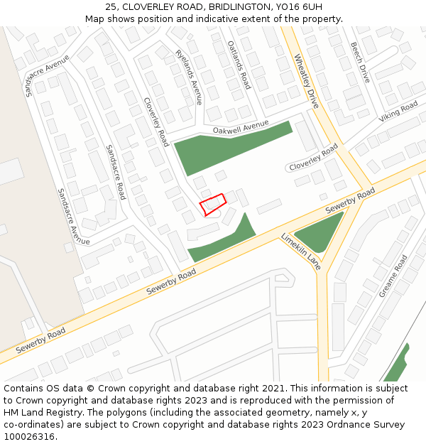 25, CLOVERLEY ROAD, BRIDLINGTON, YO16 6UH: Location map and indicative extent of plot