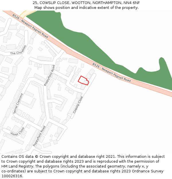 25, COWSLIP CLOSE, WOOTTON, NORTHAMPTON, NN4 6NF: Location map and indicative extent of plot