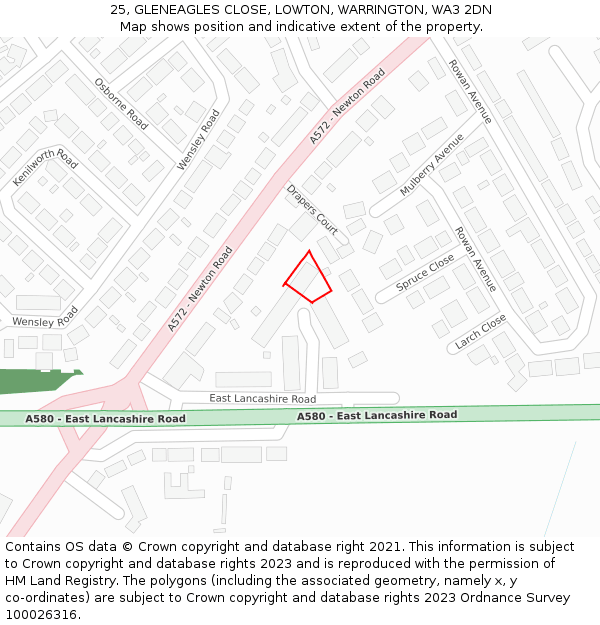 25, GLENEAGLES CLOSE, LOWTON, WARRINGTON, WA3 2DN: Location map and indicative extent of plot