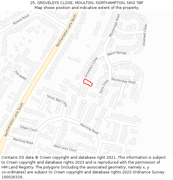 25, GROVELEYS CLOSE, MOULTON, NORTHAMPTON, NN3 7BP: Location map and indicative extent of plot