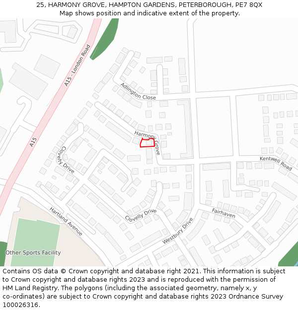 25, HARMONY GROVE, HAMPTON GARDENS, PETERBOROUGH, PE7 8QX: Location map and indicative extent of plot