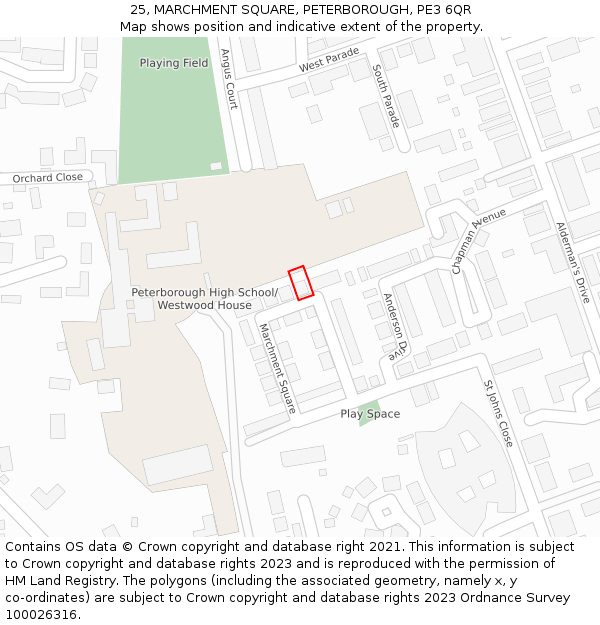 25, MARCHMENT SQUARE, PETERBOROUGH, PE3 6QR: Location map and indicative extent of plot