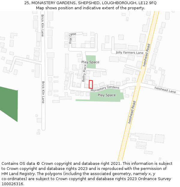 25, MONASTERY GARDENS, SHEPSHED, LOUGHBOROUGH, LE12 9FQ: Location map and indicative extent of plot