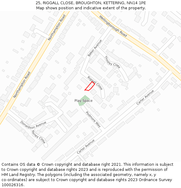 25, RIGGALL CLOSE, BROUGHTON, KETTERING, NN14 1PE: Location map and indicative extent of plot