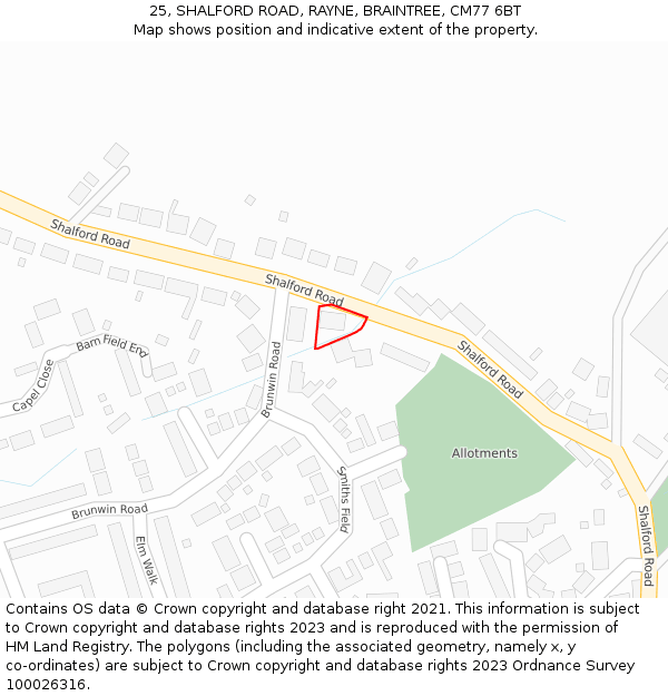 25, SHALFORD ROAD, RAYNE, BRAINTREE, CM77 6BT: Location map and indicative extent of plot