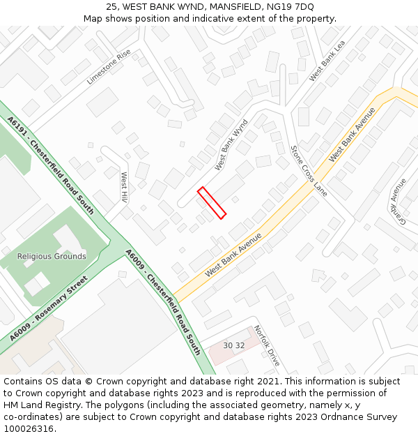 25, WEST BANK WYND, MANSFIELD, NG19 7DQ: Location map and indicative extent of plot