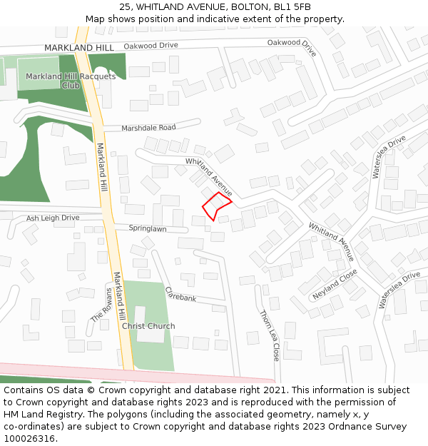 25, WHITLAND AVENUE, BOLTON, BL1 5FB: Location map and indicative extent of plot