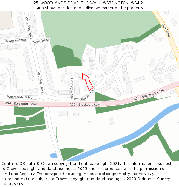 25, WOODLANDS DRIVE, THELWALL, WARRINGTON, WA4 2JL: Location map and indicative extent of plot