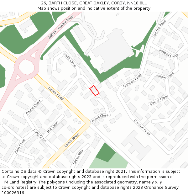 26, BARTH CLOSE, GREAT OAKLEY, CORBY, NN18 8LU: Location map and indicative extent of plot