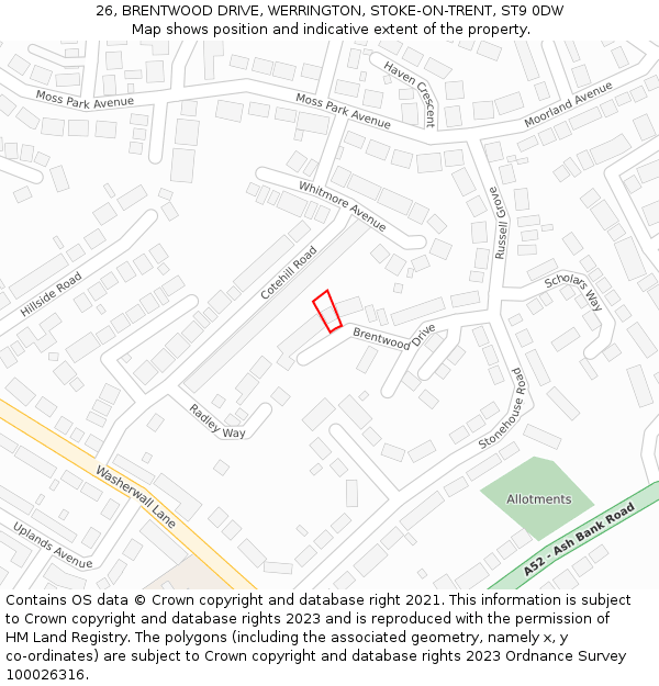 26, BRENTWOOD DRIVE, WERRINGTON, STOKE-ON-TRENT, ST9 0DW: Location map and indicative extent of plot