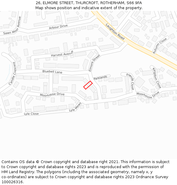 26, ELMORE STREET, THURCROFT, ROTHERHAM, S66 9FA: Location map and indicative extent of plot