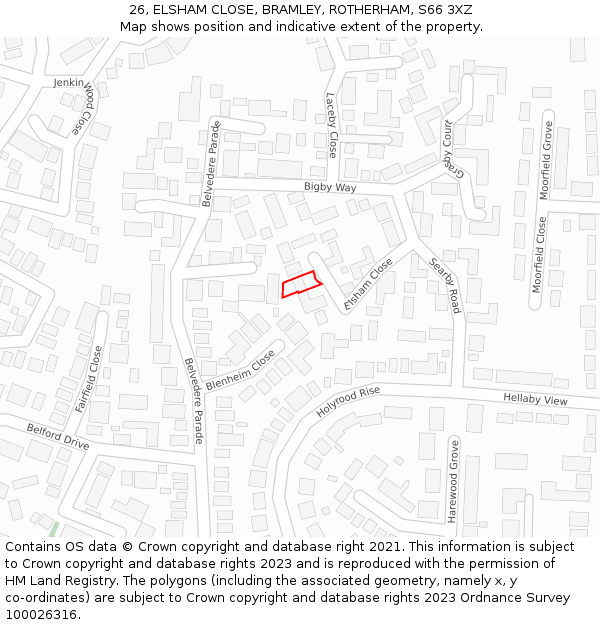 26, ELSHAM CLOSE, BRAMLEY, ROTHERHAM, S66 3XZ: Location map and indicative extent of plot