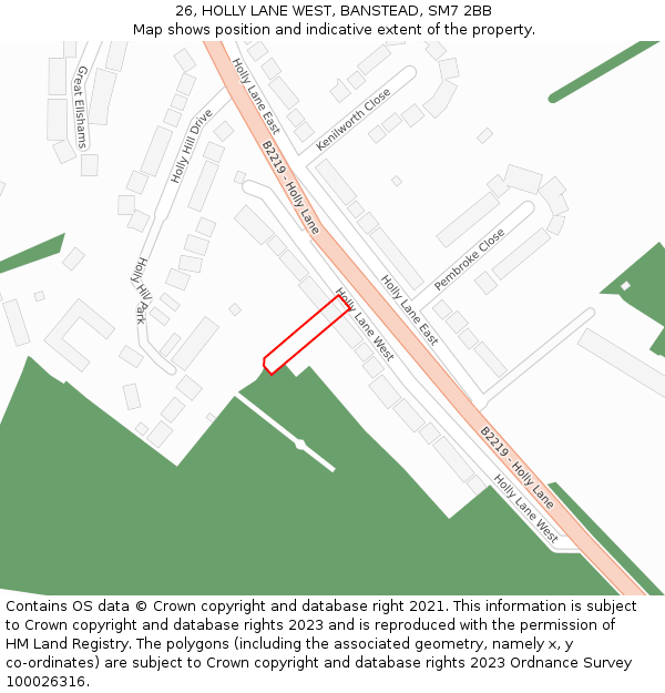 26, HOLLY LANE WEST, BANSTEAD, SM7 2BB: Location map and indicative extent of plot