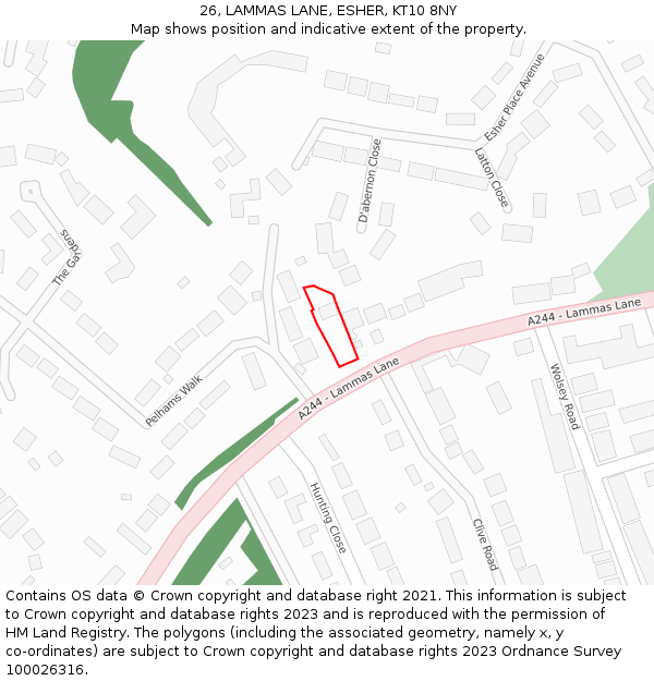 26, LAMMAS LANE, ESHER, KT10 8NY: Location map and indicative extent of plot