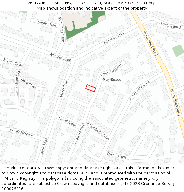 26, LAUREL GARDENS, LOCKS HEATH, SOUTHAMPTON, SO31 6QH: Location map and indicative extent of plot