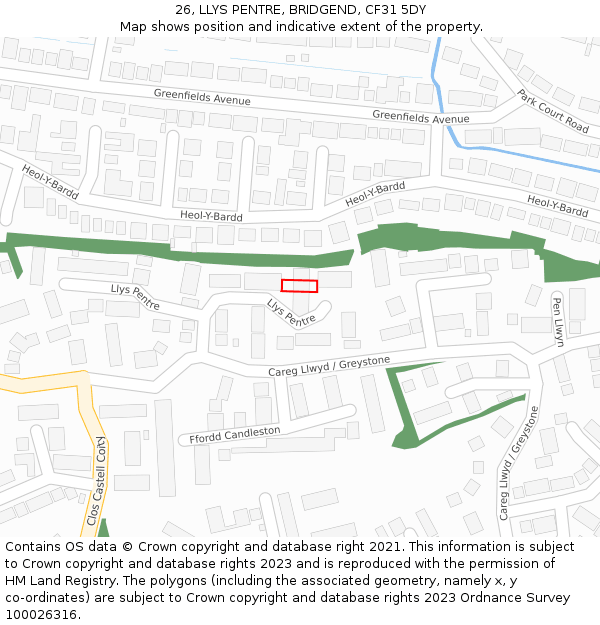 26, LLYS PENTRE, BRIDGEND, CF31 5DY: Location map and indicative extent of plot