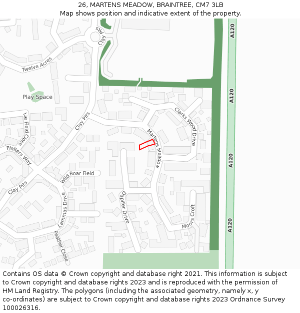 26, MARTENS MEADOW, BRAINTREE, CM7 3LB: Location map and indicative extent of plot