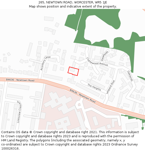 265, NEWTOWN ROAD, WORCESTER, WR5 1JE: Location map and indicative extent of plot