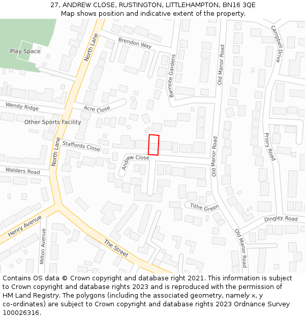 27, ANDREW CLOSE, RUSTINGTON, LITTLEHAMPTON, BN16 3QE: Location map and indicative extent of plot