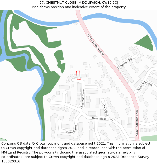 27, CHESTNUT CLOSE, MIDDLEWICH, CW10 9QJ: Location map and indicative extent of plot