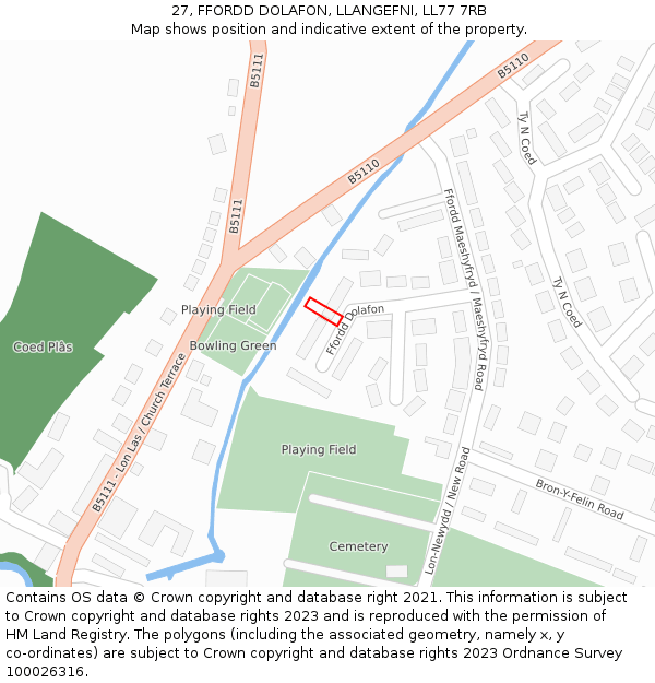 27, FFORDD DOLAFON, LLANGEFNI, LL77 7RB: Location map and indicative extent of plot