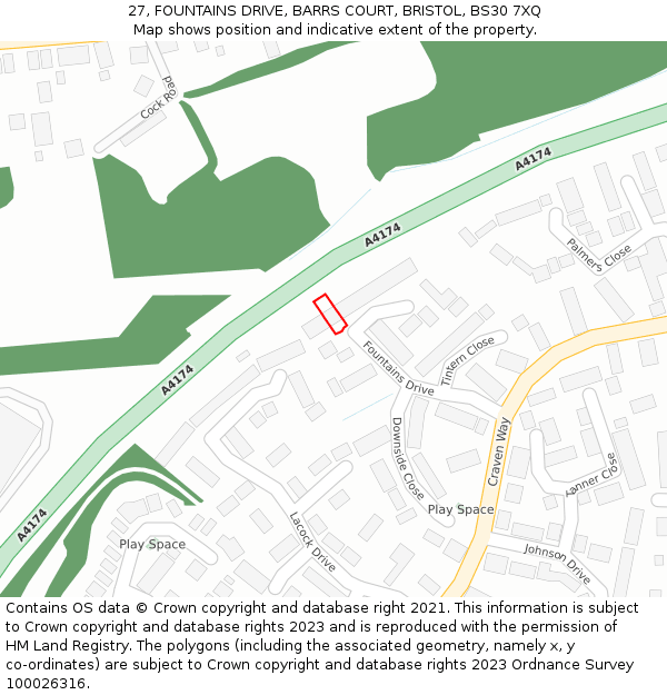 27, FOUNTAINS DRIVE, BARRS COURT, BRISTOL, BS30 7XQ: Location map and indicative extent of plot