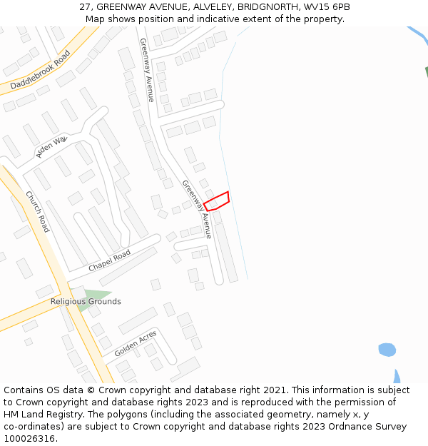 27, GREENWAY AVENUE, ALVELEY, BRIDGNORTH, WV15 6PB: Location map and indicative extent of plot